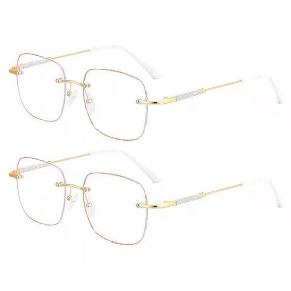 2 Pairs of Square Rimless Reading Glasses, Womens Blue Light Blocking Metal Gold Oversized Readers, Fashion Presbyopia Eyeglasses