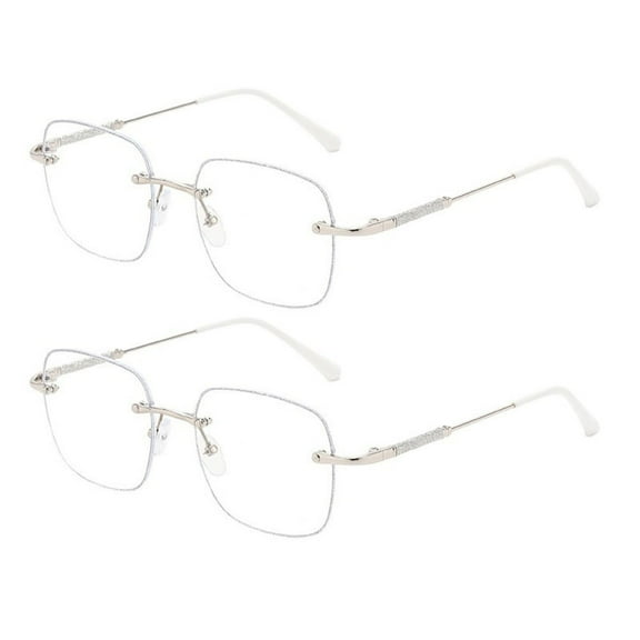 2 Pairs of Square Rimless Reading Glasses, Womens Blue Light Blocking Metal Silver Oversized Readers, Fashion Presbyopia Eyeglasses
