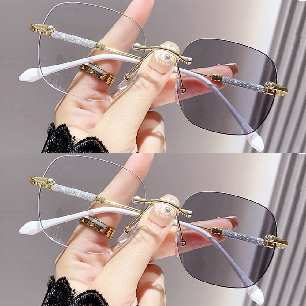2 Pairs of Ultra Light Rimless Bling Photochromic Gray Square Frameless Gold Reading Glasses 3.00 for Women Blue Light Blocking Readers +3.0 UV