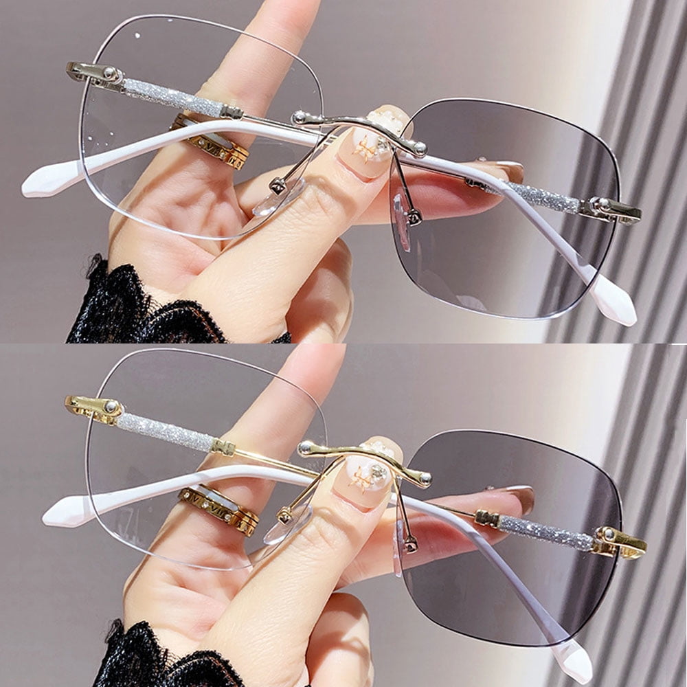 2 Pairs of Ultra Light Rimless Bling Photochromic Gray Square Frameless Reading Glasses 1.25 for Women Blue Light Blocking Readers +1.25 UV