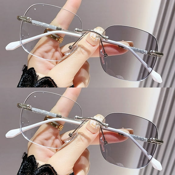 2 Pairs of Ultra Light Rimless Bling Photochromic Gray Square Frameless Silver Reading Glasses 2.75 for Women Blue Light Blocking Readers +2.75 UV