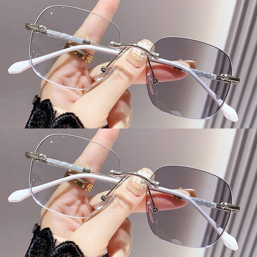 2 Pairs of Ultra Light Rimless Bling Photochromic Gray Square Frameless Silver Reading Glasses 3.00 for Women Blue Light Blocking Readers +3.0 UV
