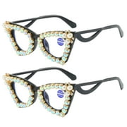 2 Pairs of Women Black Frame Cat Eye Pearl Diamond Party Reading Glasses 2.0 Elegant Blue Light Blocking Readers +2.00 strength