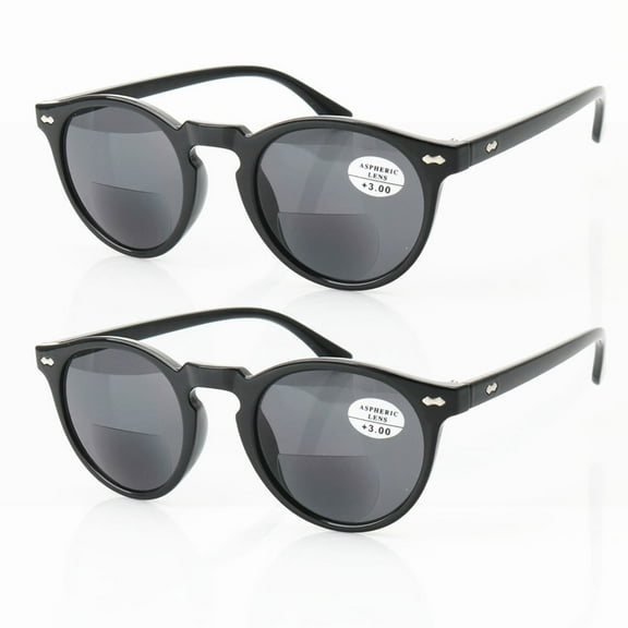 2 Pairs of Women Black Tinted Gray Bifocal Reading Glasses 2.00 Men Classic Round Readers Trendy Sunglasses +2.00 Strength