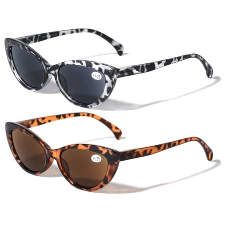 2 Pairs of Women Cateye Outdoor Reading Sunglasses - Tinted Readers Glasses - Fully Magnified Lens +1.75