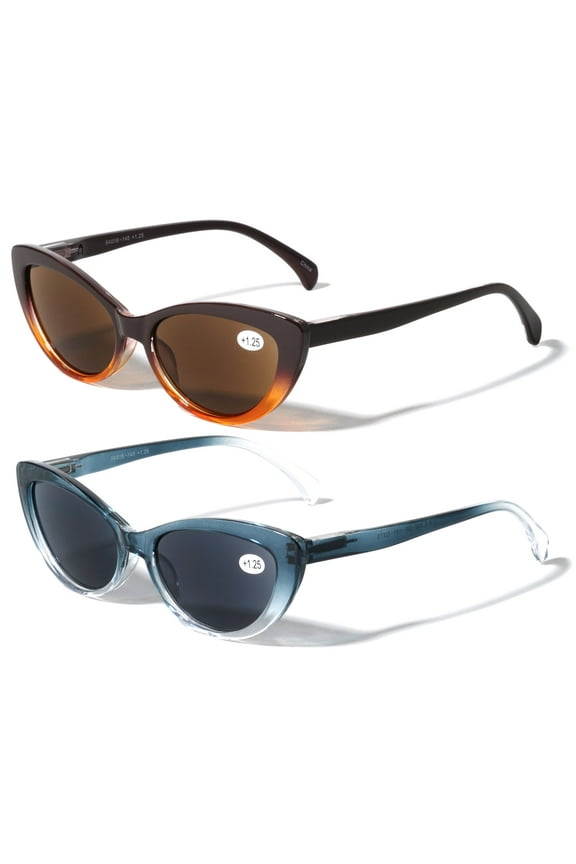 2 Pairs of Women Cateye Outdoor Reading Sunglasses - Tinted Readers Glasses - Fully Magnified Lens +2.25
