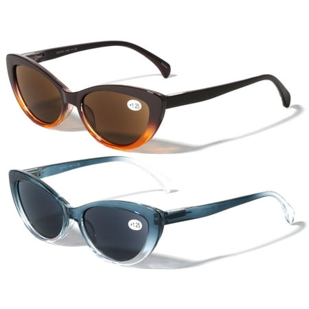 2 Pairs of Women Cateye Outdoor Reading Sunglasses - Tinted Readers Glasses - Fully Magnified Lens +2.75