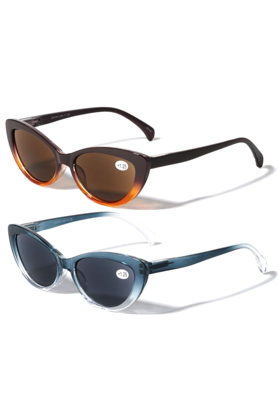 2 Pairs of Women Cateye Outdoor Reading Sunglasses - Tinted Readers Glasses - Fully Magnified Lens +3.00