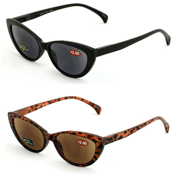 2 Pairs of Women Cateye Outdoor Reading Sunglasses - Tinted Readers Glasses - Fully Magnified Lens