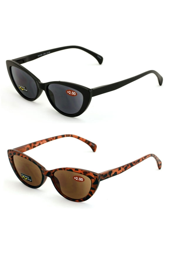 2 Pairs of Women Cateye Outdoor Reading Sunglasses - Tinted Readers Glasses - Fully Magnified Lens