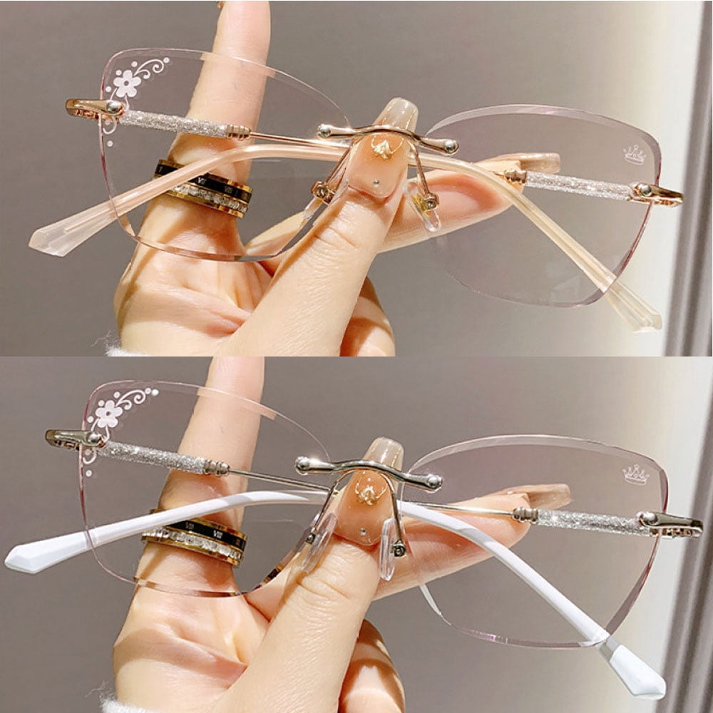 2 Pairs of Women Diamond Rimless Blue Light Blocking Reading Glasses 1.00 Gradient Pink Sunglasses Butterfly Readers +1.00