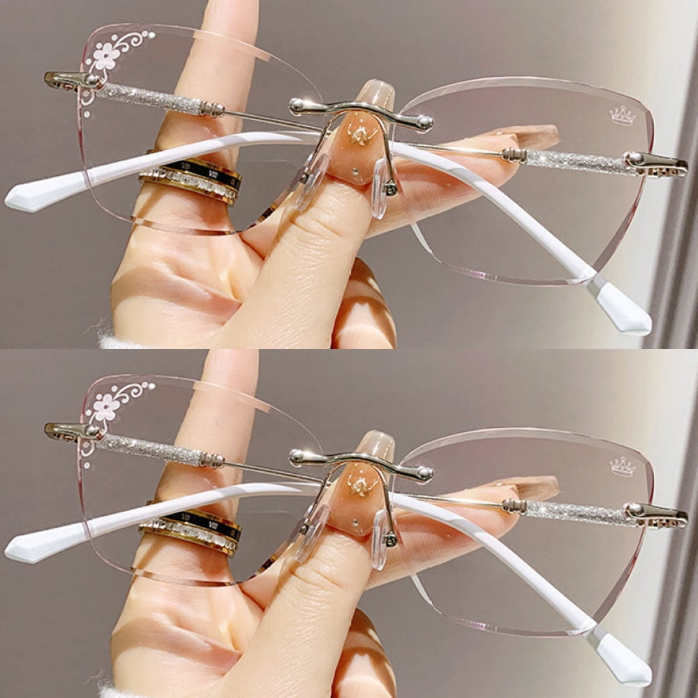 2 Pairs of Women Diamond Rimless Blue Light Blocking Reading Glasses 1.50 Gradient Pink Sunglasses Butterfly Silver Readers +1.50