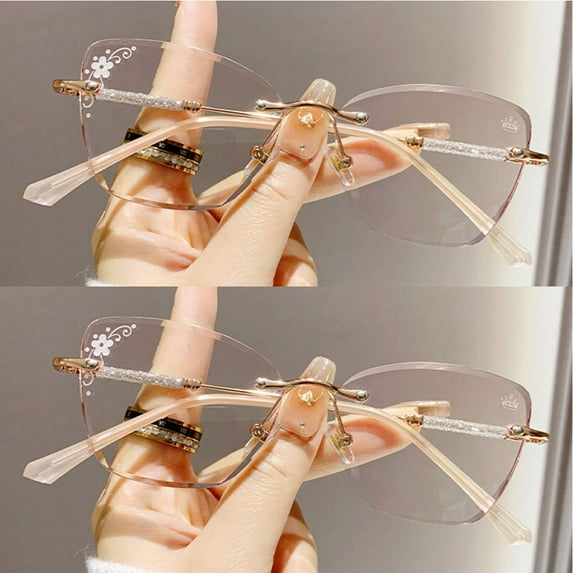 2 Pairs of Women Diamond Rimless Blue Light Blocking Reading Glasses 2.50 Gradient Pink Sunglasses Butterfly Gold Readers +2.50