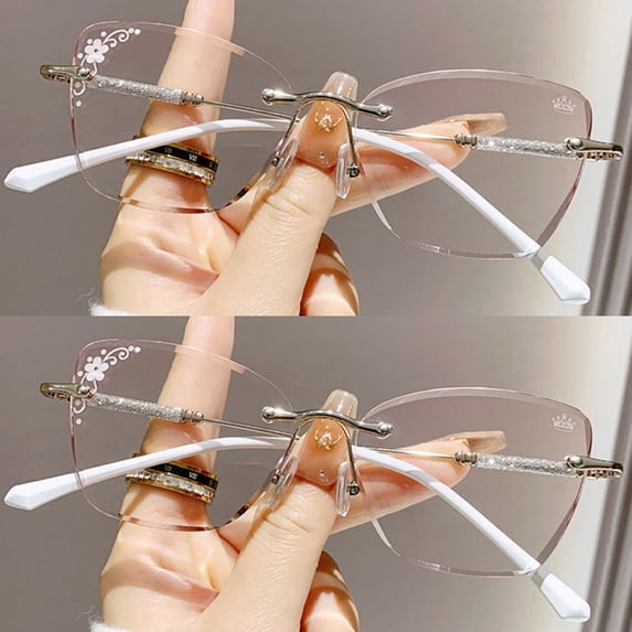 2 Pairs of Women Diamond Rimless Blue Light Blocking Reading Glasses 4.00 Gradient Pink Sunglasses Butterfly Silver Readers +4.00