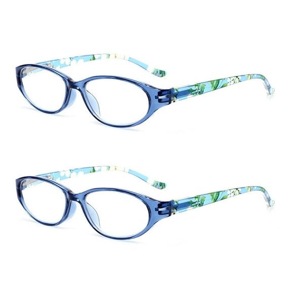 2 Pairs of Women Oval Blue Floral Reading Glasses Spring Hinge Presbyopic Glasses Lightweight Plastic Readers +2.50
