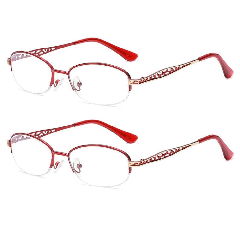 2 Pairs of Women Red Half Rimless Reading Glasses 1.00 Metal Presbyopic Glasses Anti-blue Light Readers 1.00 Strength