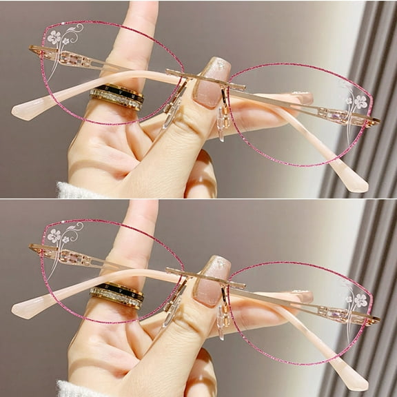 2 Pairs of Women Rimless Anti-blue Light Reading Glasses 1.00, Ladies Ultralight Purple Bling Glitter Cat Eye Readers +1.00 Strength