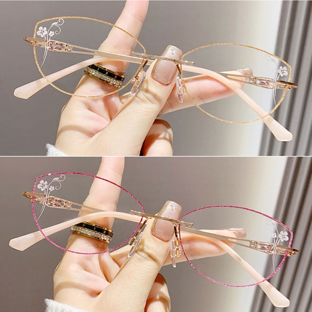 2 Pairs of Women Rimless Anti-blue Light Reading Glasses 2.00, Ladies Ultralight Bling Glitter Cat Eye Readers +2.00 Strength