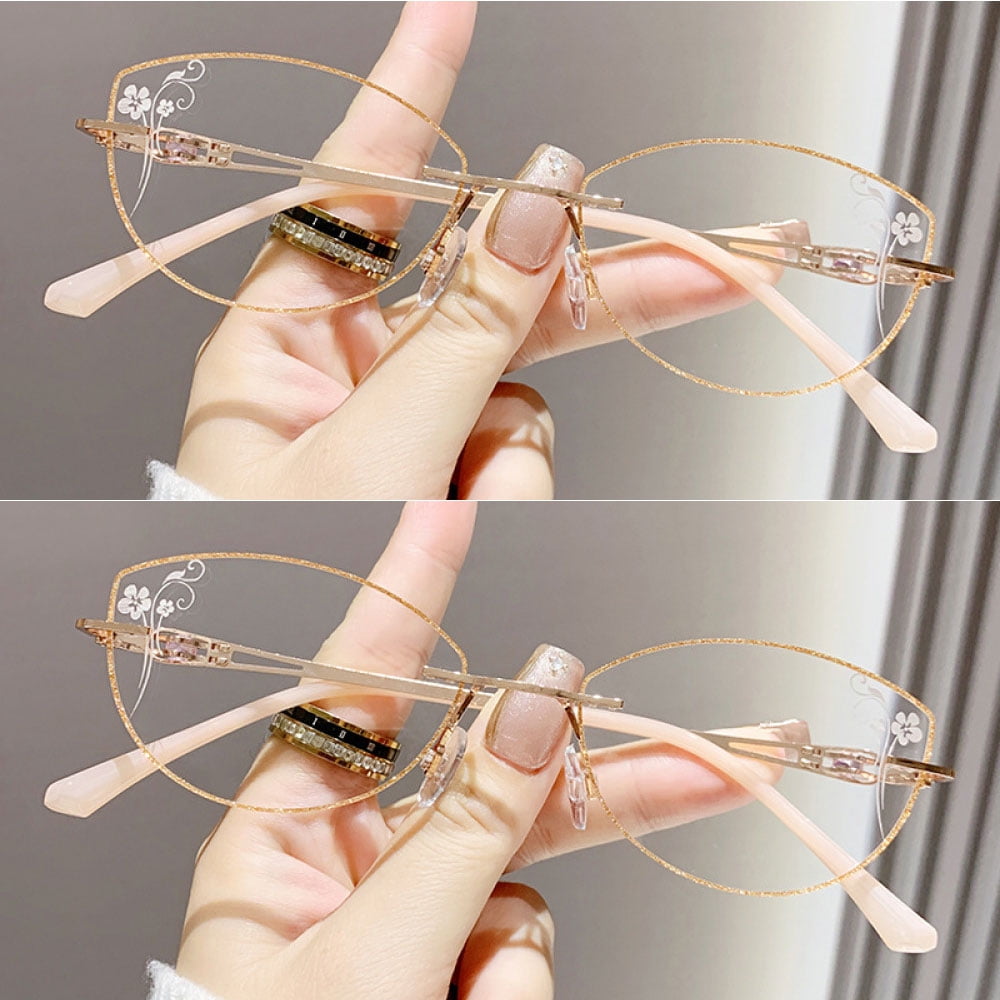 2 Pairs of Women Rimless Anti-blue Light Reading Glasses 3.50, Ladies Ultralight Gold Bling Glitter Cat Eye Readers +3.50 Strength