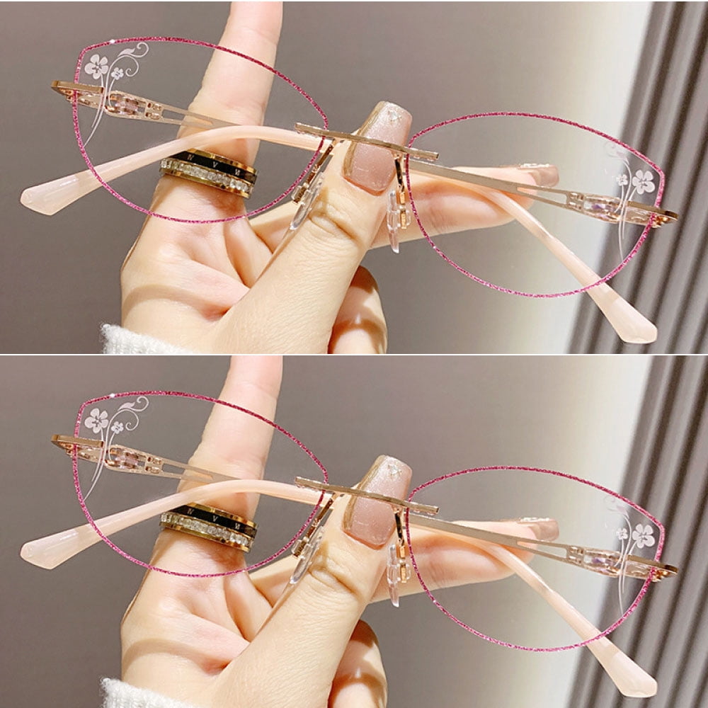 2 Pairs of Women Rimless Anti-blue Light Reading Glasses 3.50, Ladies Ultralight Purple Bling Glitter Cat Eye Readers +3.50 Strength