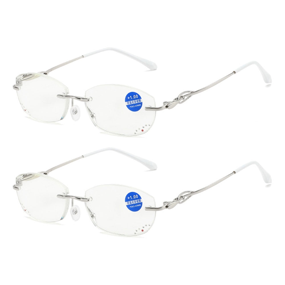 2 Pairs of Women Rimless Blue Light Blocking Reading Glasses 1.50, Ladies Rectangle Metal Silver Presbyopia Glasses Readers +1.50 strength