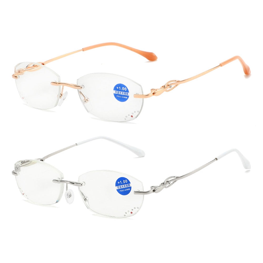 2 Pairs of Women Rimless Blue Light Blocking Reading Glasses 2.00, Ladies Rectangle Metal Presbyopia Glasses Readers +2.00 strength