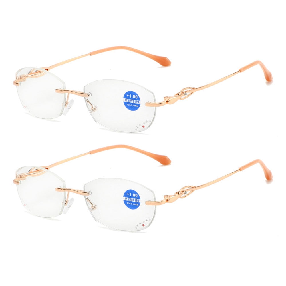 2 Pairs of Women Rimless Blue Light Blocking Reading Glasses 3.50, Ladies Rectangle Metal Gold Presbyopia Glasses Readers +3.50 strength