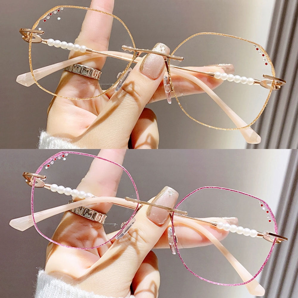 2 Pairs of Women Rimless Diamond Bling Glitter Reading Glasses 3.00. Ladies Elegant Anti-blue Light Pearl Oversized Readers +3.00 Strength