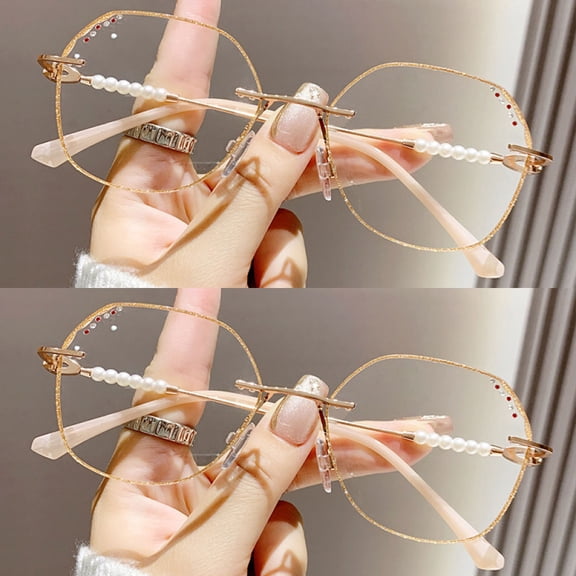 2 Pairs of Women Rimless Diamond Gold Bling Glitter Reading Glasses 2.50. Ladies Elegant Anti-blue Light Pearl Oversized Readers +2.50 Strength