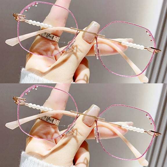2 Pairs of Women Rimless Diamond Purple Bling Glitter Reading Glasses 1.00. Ladies Elegant Anti-blue Light Pearl Oversized Readers +1.00 Strength