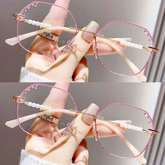 2 Pairs of Women Rimless Diamond Purple Bling Glitter Reading Glasses 3.50. Ladies Elegant Anti-blue Light Pearl Oversized Readers +3.50 Strength