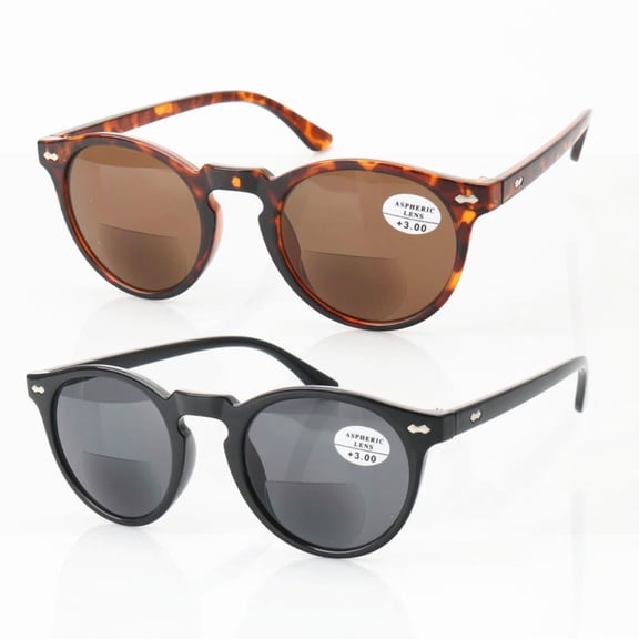 2 Pairs of Women Tinted Bifocal Reading Glasses 1.00 Men Classic Round Readers Trendy Sunglasses +1.00 Strength