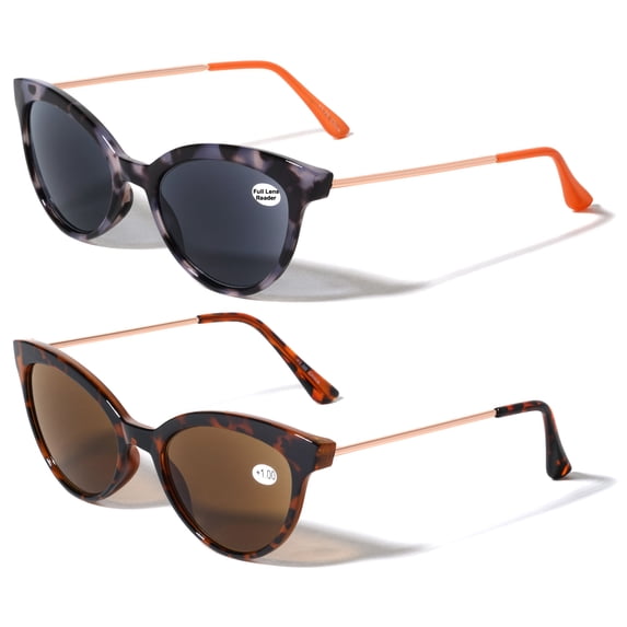 2 Pairs of Womens Fully Magnified Outdoor Reading Sunglasses - Full Tint Readers Cateye Tortoise +3.50