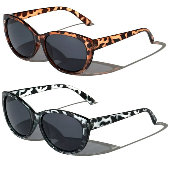 2 Pairs of Womens Fully Magnified Outdoor Reading Sunglasses - Full Tint Readers - Oversized Leopard Jackie O Vintage +1.25