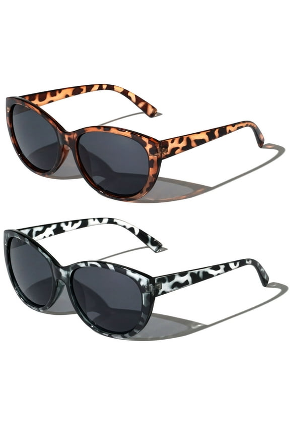 2 Pairs of Womens Fully Magnified Outdoor Reading Sunglasses - Full Tint Readers - Oversized Leopard Jackie O Vintage +1.25