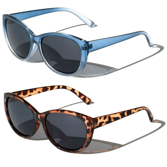 2 Pairs of Womens Fully Magnified Outdoor Reading Sunglasses - Full Tint Readers - Oversized Leopard Jackie O Vintage 2.00
