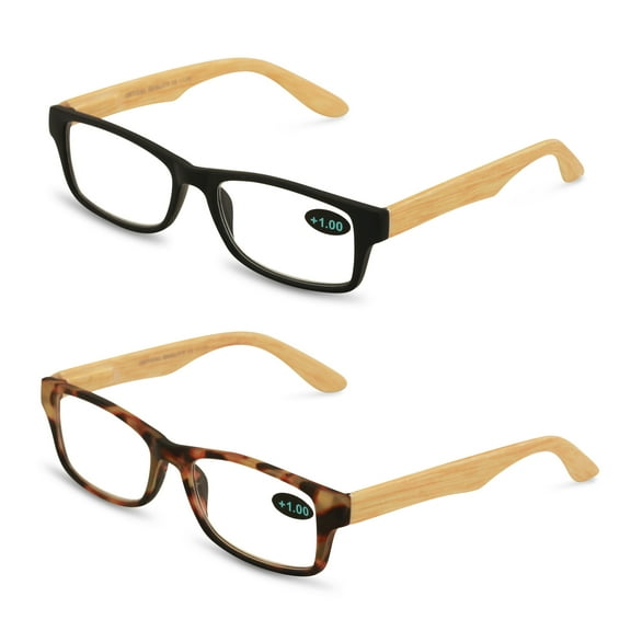 2 Pairs of Wood Grain Printed Temple Arm Reading Glasses - Spring hinge men women lightweight readers +1.25