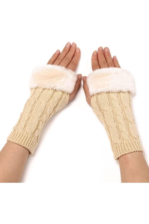 2 PairsAntique White Furry Fingerless Gloves Soft Fluffy Thumb Hole Gloves Knitting Winter Crochet Warm Arm Sleeves Faux Fur Hand Wrist Warmer Mitten Bulk for Women Typing Writing Driving Supply
