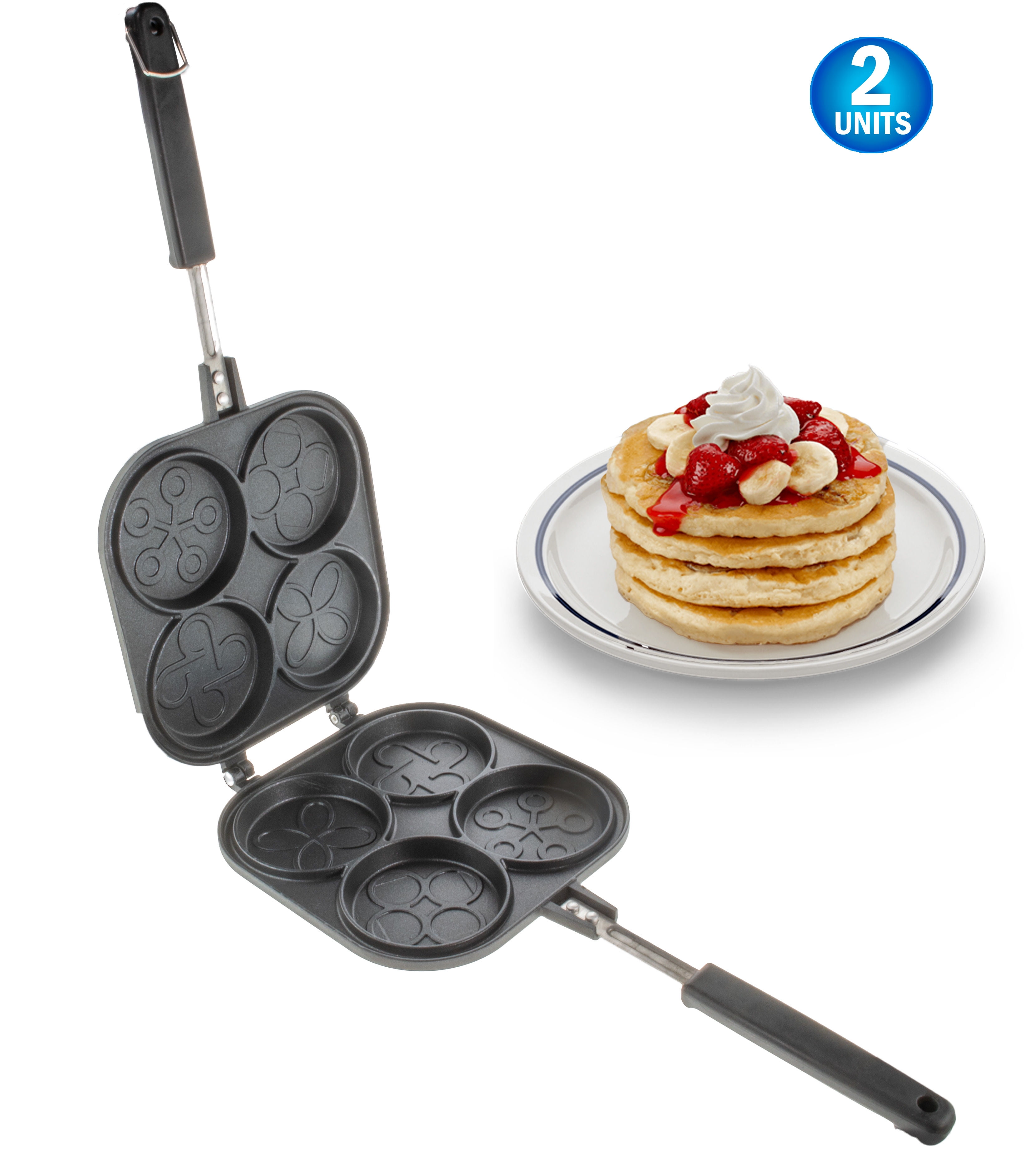 2 Pancake Pan Maker - Double Sided Nonstick Maker with 4 Small Decorative Mould Designs for Perfect Eggs, French Toast, Omelette, Flip Jack, and Crepes