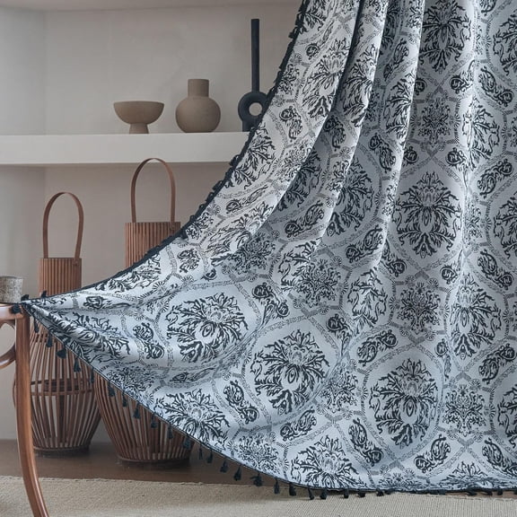 2-Panel Black Damask Curtains, 96 Inches Long, Semi-Sheer Jacquard Medallion Pattern, Light Filtering, Rod Pocket, Boho Style