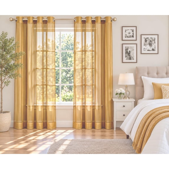 Gorgeous Home Linen 2-Piece Bronze Grommes Sheer Solid Curtain with Grommets 108" Total Width by 84" Long Panels Patio Rubr Gold
