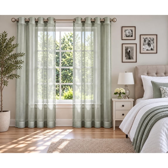 Gorgeous Home Linen 2-Piece Bronze Grommes Sheer Solid Curtain with Grommets 108" Total Width by 84" Long Panels Patio Rubr Silver