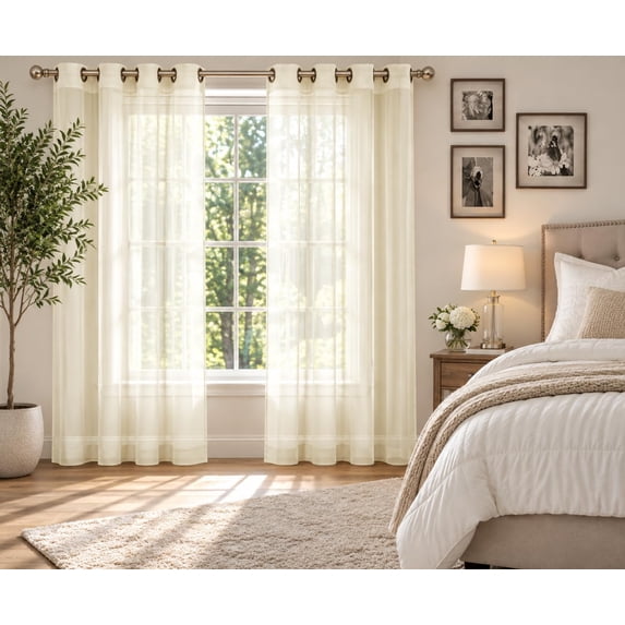 Gorgeous Home Linen 2-Piece Bronze Grommes Sheer Solid Curtain with Grommets 108" Total Width by 84" Long Panels Patio Rubr Ivory
