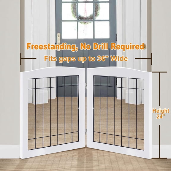 2-Panel Freestanding Foldable Wood Dog Gate – Solid Wood & Steel Wire, Chew-Resistant Pet Barrier for Indoor Use, Ideal for Small to Medium Dogs, White