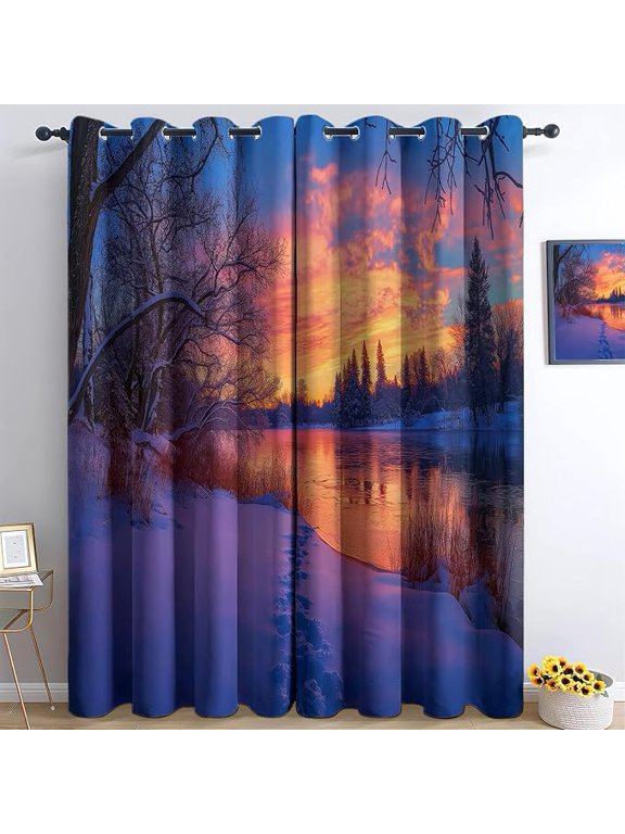 2 Panel Grommet Room Darkening Window Curtain Drapes, Multi Colored Window Drapes Decor, Snowy Sunset Lakeside Forest Print Curtains for Living Room Bedroom and Nursery 38"W x 45"L (Pack of 2)