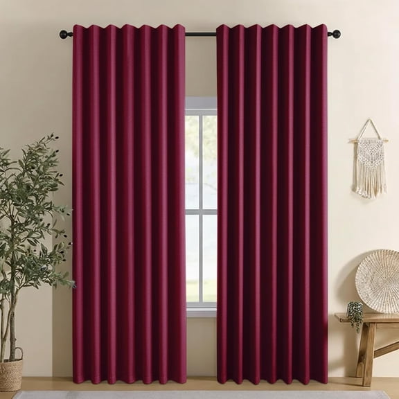 2-Panel Linen Blackout Curtains, 63 Inches Long, 100% Room Darkening & Energy Efficient, Back Tab/Rod Pocket, Red, 52x63 Inches