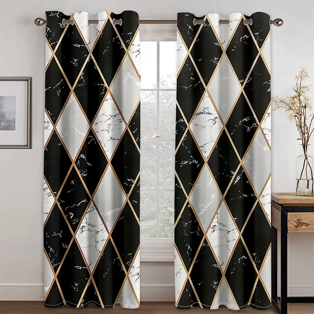 2 Panel Luxurious Black Gold Curtains Abstract Geometric Curtains for ...