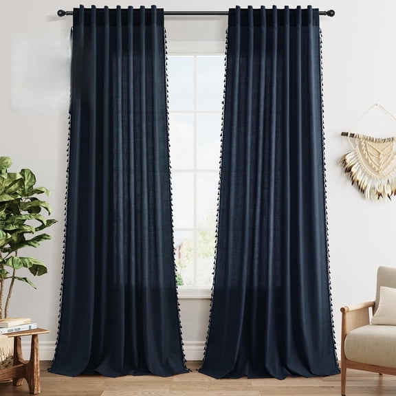 2-Panel Navy Blue Boho Curtains, 108 Inches Long, Semi-Sheer Linen, Rod Pocket & Back Tab, with Tassels, Bohemian Farmhouse, 52x108 Inches