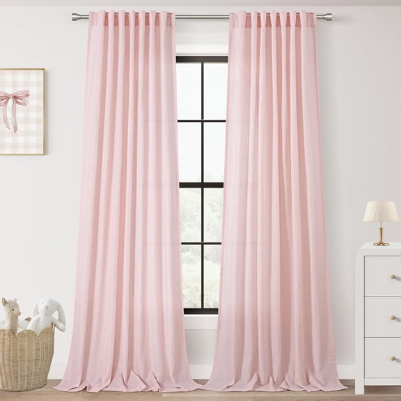 2-Panel Pink Linen Curtains, 90 Inches Long, Semi-Sheer Light Filtering, Farmhouse Rustic Boho Style for Girls Bedroom, Back Tab & Rod Pocket, 52x90 Inches