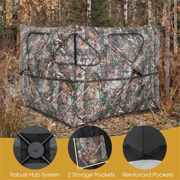 2-Panel Pop Up See-Through Hunting Blind Portable Camouflage Ground Blind for Deer Turkey Waterfowl Hunting, Single-Side Visual Fabric Storage Pockets for Outdoor Stealth Concealment